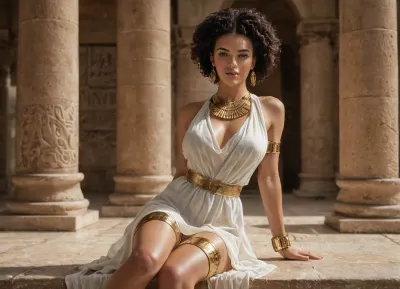 A stunning woman dressed in an ancient Egyptian-inspired outfit sits gracefully in front of a grand temple adorned with intricately carved hieroglyphic columns. She wears a revealing, flowing white dress made of delicate, slightly transparent fabric that drapes over her curvaceous body, accentuating her ample chest. The deep-cut design exposes much of her décolletage, while the high slits reveal her toned legs. Her sleek, jet-black bob hairstyle is adorned with a golden cobra headpiece, symbolizing royalty and power. A majestic blue and gold collar necklace rests on her shoulders, complemented by matching golden bracelets and thigh bands. Her gaze is alluring and confident, with a subtle, seductive expression. The warm sunlight casts a golden glow on her smooth skin, enhancing the rich textures of her outfit and the detailed carvings of the ancient setting. Ultra-detailed, highly realistic, cinematic lighting.