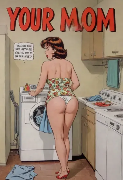 cbcmkrsdxl, iltromba, smm, (single female:1.3), (illustration:1.3), (hand drawn:1.3), (comic book cover:1.3), (TITLE text, "Your Mom":1.4), style of "il tromba", rear view, (milf:1.4), 55 years old, chubby housewife, in the laundry room, ironing, <lora:text:1.1>, <lora:cbcmkrsdxl:.5>, <lora:iltromba_artwork_style_smm_SDXL_LORA_v07:.5>, <lora:NEOTOKIOXL_0.2_RC:.3>, <lora:SpreadAssSDXL_v04:.5>