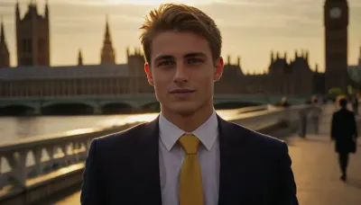 A handsome 21 year old man, wearing a smart white shirt, fashionable dark blue suit and yellow tie. Walking across Westminster Bridge. He is looking ahead with a shy smile. Telephoto shot with early morning sunshine from behind.