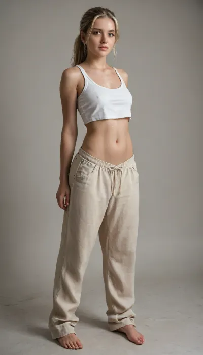 masterpiece, photorealistic, maximum details, an extremely beautiful young woman, massive boobs, blonde hairy pussy, very slim waist, long straight blonde hair tied to a ponytail, twerking, legs wide spread, wearing baggy pants and extremely short baggy tanktop, underboobs, full body