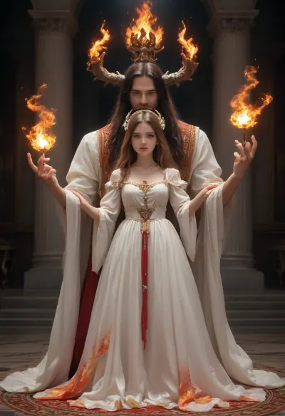 the image shows a man and a woman, in full height, they are dressed in revealing semi-transparent clothes, both have long hair and two horns growing on their heads, their faces express pleasure and ecstasy, they walk hand in hand, they hold weapons in their free hands, and flames are burning around them and everything is splattered with blood and remnants of creatures' bodies. and at the very bottom of the image it says, "stroking", in flaming letters, like the name of the movie.