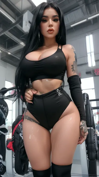 A 19-year-old girl with a gothic appearanc has long, black hair that falls over her shoulders and a lot off gothic tattoo. She features a large, round bust, a strong waistline, wide hips, and full, round buttocks. She is dressed in a tight sports top that accentuates her figure, along with form-fitting sports shorts that highlight her curves., titjob, close, up, cum, on, breasts, face, <lora:TitFuck-v1:.7>
