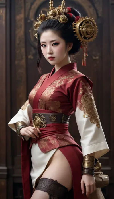 **Prompt for AI Image Generator, **

"A steampunk geisha from a steampunk samurai novel, blending traditional Japanese elegance with the industrial aesthetic of steampunk. She is a striking figure with porcelain skin, her face partially obscured by intricate mechanical elements and a delicate mask inspired by the traditional Noh theatre. Her eyes are sharp and confident, framed by long, dark lashes, with an air of mystery and grace. She wears a beautifully detailed kimono made from luxurious fabrics with metallic threads woven into the fabric, shimmering in hues of deep crimson, gold, and black. The kimono features elaborate, hand-painted designs of clockwork gears, swirling steam, and phoenixes, all accented with copper and brass embellishments.

The kimono is asymmetrical in design, with one sleeve rolled back to reveal a delicate, intricate arm brace made of brass, gears, and polished leather. The cuff around her wrist pulses with the soft glow of a mechanical device, showing that beneath her refined appearance lies a woman who is deeply connected to the machinery of her world. Her obi, (sash), is adorned with small mechanical elements, such as tiny rotating gears and steam valves, which are subtly integrated into the flowing design.

Her hair is styled in an elaborate updo, traditionally tied with decorative kanzashi, (hairpins), but here they are replaced by small mechanical devices, such as miniature gears, intricate clockwork pieces, and copper coils, which glimmer softly. A thin, copper filigree veil with tiny clockwork components drapes around her face, enhancing her aura of mystery and mechanical elegance.

She wears tall, polished leather boots with brass buckles and hidden compartments for weapons. The boots are designed for agility, with gears and pistons that allow for swift movement. On her back, she carries a lightweight, mechanical katana with an ornate hilt, designed to combine traditional samurai craftsmanship with a steampunk twist. The blade itself hums faintly, powered by steam, and the hilt features small brass rivets and intricate piping that hint at its hidden functions.

The geisha’s posture is graceful and poised, with an air of controlled strength and elegance, combining the traditional role of the geisha with the fierce independence and resourcefulness of a steampunk warrior. She embodies the fusion of beauty and technology, with elements of old-world tradition seamlessly blended with the industrial revolution's gear-driven wonder."

**End Prompt**.