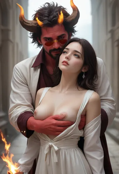 deep realistic, cubermagic, biopunk, psypunk, psyhodelic, 50 dicks. The image shows the location of the flaming fantasy lands. A couple is depicted a little higher above the ground and fucking, a thin guy with waist-length black brown hair and beard. his eyes are blue. He is wearing a cyber demonic energy magician's robe. There are energy horns on his head. he hugs a girl who has a form, red skin cyber, gray-blue eyes glow, she also has cyber horns on her head, her hair reaches to her waist, a golden yellow color with shades fire. she is naked, her breasts are size five, with erect flaming nipples. The camera lens captures the focus of the couple standing above the ground and part of the surroundings around them. Both characters have steam coming from their bodies and their skin is covered with moisture. There is also smoke from the surface of the earth in the space around.