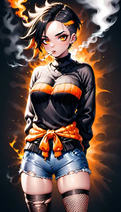 1 girl, 40 years old, black hair with orange streak, sweater tied around the waist, long shirt, torn fishnet stockings, shorts, cigarette in mouth, hipster, bobcut, hands behind the back