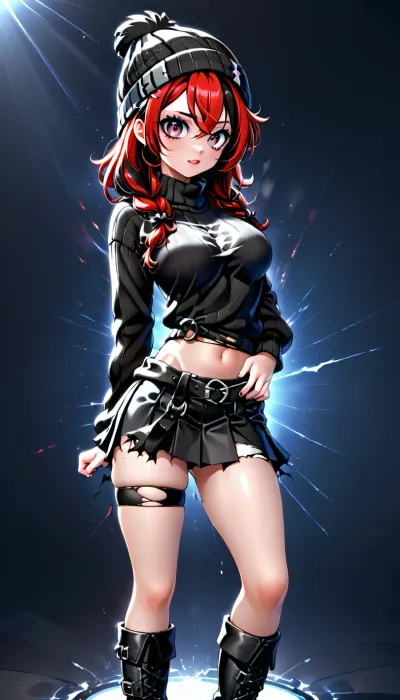 1 girl, 40 years old, red hair with black streak, sweater tied around the waist, tight top, navel, torn legwear, skirt, Beanie, Black leather boots