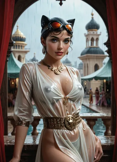 middle east 12th century, catwoman, selina kyle, brunette, classic uniform adapted to harem clothing, in the rain in the courtyard of an arabian harem, detailed background
