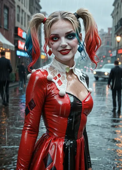 harley quinn, realistic make up, classic dress, body view, under rain, streer gotham
