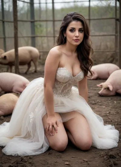 Élégance perturbée : la rencontre inattendue d'une mariée dans le royaume animal

- Oui.

Dans un contraste frappant de l'élégance et du chaos, une image générée par l'IA dépeint une grande mariée iranienne curvace, son corps complet orné d'une robe de mariée courte sexy et sale, posant comme un super modèle. Au milieu du luxueux style du visage et des longs cheveux brunes, le seul reste de sa robe de mariée était une jupe déchirée. La scène était loin de la grandeur attendue - elle était couchée sur le sol d'un zoo, dans une cage animale, entouré de dix gros porcs noirs. Les cochons l'avaient inconsciemment parée de leurs fichues, créant un tableau sale et surréaliste de maquillage ruiné, un eyeliner lourd lui a frotté le visage.