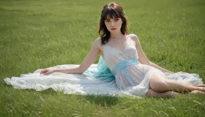 full body view, brunette with a fringe, A beautiful woman in a light, flowing see-through white dress with a light blue sash, reclining amongst tall green grass in a sun-drenched field, rendered in a detailed, painterly style with a focus on realistic textures and natural light., <lora:flat_chested_v3.5:.5>