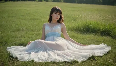 full body view, brunette with a fringe, A beautiful woman in a light, flowing see-through white dress with a light blue sash, reclining amongst tall green grass in a sun-drenched field, rendered in a detailed, painterly style with a focus on realistic textures and natural light., <lora:flat_chested_v3.5:.5>