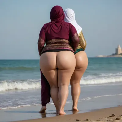 Ssbbw, two Woman arab hijab on beach, cellulite ass, big ass, fat cellulite