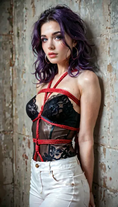 High quality photography, Stable positives, realistic, photorealistic, realistic skin texture, detailed solo, young woman with raven hair, wearing a sheer black lace high-waisted bodysuit, and black low-waisted pants. She is in shibari bondage standing against a plain gray wall with a submissive expression, looking directly at the camera. The lighting is soft and even, with a slight shadow on the wall behind her. The photo has a warm and inviting atmosphere., (The girl have a small boby with perfect round breasts), ., <lora:shibari_bondage_-_v0.9.1.2-000010:.5>