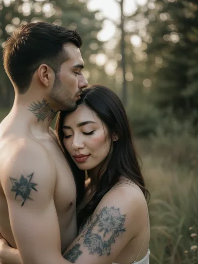 A close-up, intimate portrait of a couple embracing, with a soft, muted color palette and a slightly hazy, ethereal quality mirroring a slightly out-of-focus outdoor scene. The image focuses on skin tones, with varying textures and subtle details on the bodies, including tattoos, hair, and body hair, evoking a peaceful and sensual mood.