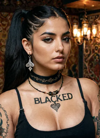 A black top with "‌Blacked" written on it, QOS choker, spades tattoo, spades earrings, Iranian curvy girl, dark hair, long hair, ponytail.