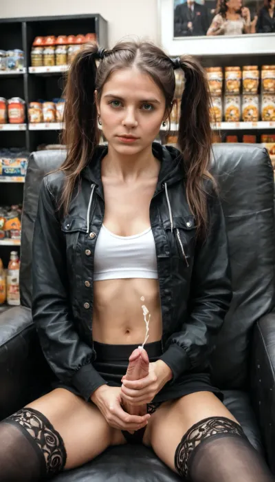 futanari, trans, futa, beautiful, ((Russian)), a transgirl, without panties, is sitting in an armchair, legs wide apart, jacket unbuttoned, chest bare, pigtails, realistic, realism, photorealism, photo-realistic, high contrast, (photorealistic:1.4), 8k high definition detailed realistic, (best quality, masterpiece:1.2), NSFW, photon mapping, radiosity, physically-based rendering, best quality, highly detailed, Alice from Wonderland in a very short skirt and lacy black stockings, alice, green eyes, upper body, standing, sky, street, store, looking at the viwer, hoodie, skirt, smaler penis, erection, hand on penis, orgasmus face, ejaculation, cumshoot, skin tight, young girl