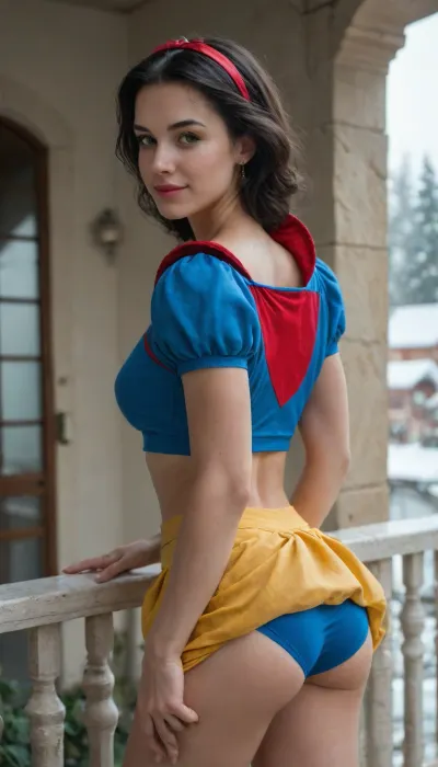 score_9, score_8_up, score_7_up, score_6_up, score_5_up, score_4_up, digital art, realistic, ((Snow White in her iconic colors with a royal blue sexy sports top with shoulder pads and a bright yellow mini skirt)), sexy smile, short hair, messy fringe, posing sexy to viewer, wide hips, medium perfect tits and medium perfect ass and hips, on a balcony, sensually lifting her skirt pad, skirtlift, revealing panties, bending over balcony, man pulling woman panties aside, woman heavily bending on balcony, on a balcony in a sunny day, one man standing, man cock in woman ass, ass_fuck, panties aside, havingsex, woman panties down, man fucking woman ass, anal_sex
