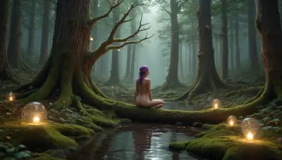 A mysterious nude woman with dusk-colored hair and glowing amber eyes drifts effortlessly through an ancient forest where the trees breathe in slow, deliberate rhythms. She reclines upon the broad back of a colossal, moss-covered stag, its antlers crowned with lanterns that hold tiny, flickering stars. The creature moves soundlessly across a carpet of bioluminescent mushrooms, each step releasing spirals of glowing spores that drift upward, vanishing into the canopy where fireflies pulse like distant constellations.
Around her, the forest hums with quiet magic. Trees twist and shift when unobserved, their bark inscribed with forgotten runes that glow softly in the moonlight. Vines slither like living veins, carrying whispers from tree to tree, while translucent wolves with eyes like molten gold weave between the trunks, their movements silent as falling leaves.
Above, the sky is a shifting tapestry of colors, blending twilight purples and deep emerald greens, threaded with silver mist that curls and sways as if responding to an unheard melody. Enormous moths with wings like stained glass drift lazily through the air, their dust leaving trails of glowing symbols that dissolve upon touch. At the heart of the forest, a colossal willow tree with roots that stretch into eternity stands in absolute stillness, its branches heavy with luminous fruit that glow like captured moonlight. Beneath it, a faceless figure made of swirling mist kneels in silent prayer, its head bowed toward a pool of water that reflects not the forest, but an endless night sky.
As the woman exhales, the entire forest shudders in response—leaves still mid-rustle, the distant howls of unseen creatures fade, and the glowing spores hang frozen in the air. Then, with the distant chime of wind through unseen bells, the moment passes, and the eternal, dreaming wilderness continues its quiet, impossible existence.