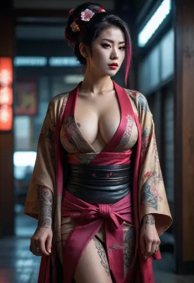 (A Cyberpunk geisha), and, (a cyberpunk female samurai, butch), open kimono, cleavage, large breasts, tattoos