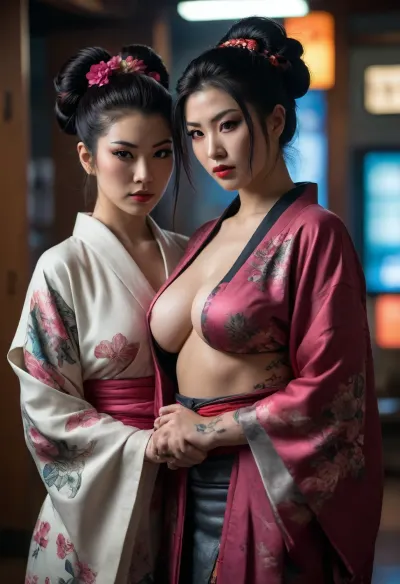 2lesbians, (one Cyberpunk geisha, fem), and, (two cyberpunk female samurai, butch), open kimono, cleavage, large breasts, tattoos, slender, athletic, muscular