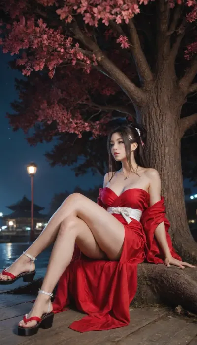 (((sitting under a huge Sakura tree, moonlit night))), (Sakura tree:1.6), shimmering water, moonlight, (Elegant dark red kimono, Traditional Japanese sandals, white ribbons, bare shoulders), (Hair pinned up, fancy wooden hair pin, long hair, jet black hair), (soft skin, pale skin, plump lips, pink lipstick), (long eyelashes, pink eyeshadow), elegant large necklace, leaning back, legs crossed, holding lollipop in mouth, (toned legs:2), slender waist, wide shoulders, Large breasts, (side view), sexy