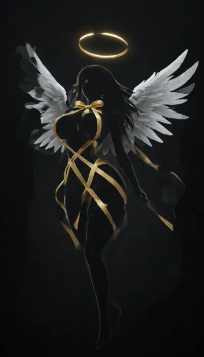Gorgeous slender woman, large breasts, lean waist, firm ass, Wide hips, toned legs, flat stomach, (long hair:1.4), (no light source:2), (silhouette outline:2), solid black background, (floating:1.2), legs straight down, (feet pointed), (wearing in golden ribbons:1.4), (wearing soft glowing golden earrings), (angel wings:1.3), (wearing single golden halo:1.3), bending forward, one leg up, arms outreached, wearing long flowing gold silk dress