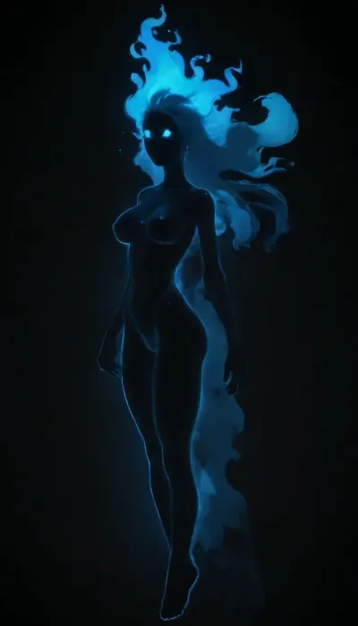 Gorgeous slender woman, large breasts, thin waist, firm ass, toned legs, flat stomach, vey long hair, (no light source:2), (silhouette outline:2), solid black background, (floating:1.2), legs straight down, (feet pointed), ((engulfed in blue fire:1.4)), (wreathed in blue fire:1.2), wearing fire, elemental, solid glowing eyes