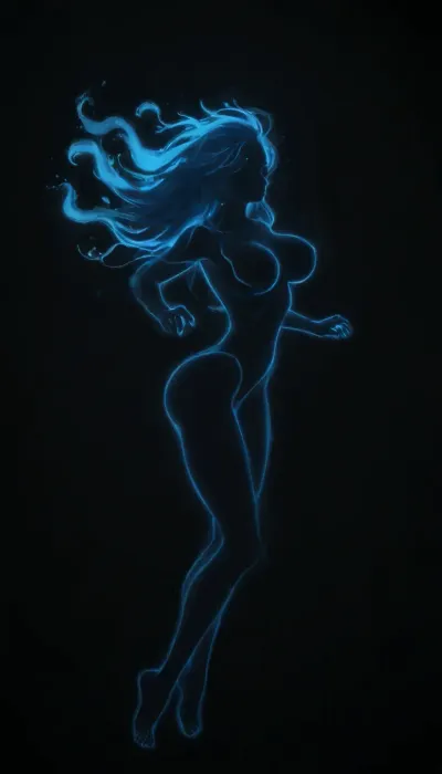 Gorgeous slender woman, large breasts, thin waist, firm ass, toned legs, flat stomach, vey long hair, (no light source:2), (silhouette outline:2), solid black background, (floating:1.2), legs straight down, (feet pointed), ((engulfed in blue fire:1.3)), (wreathed in blue fire:1.2)
