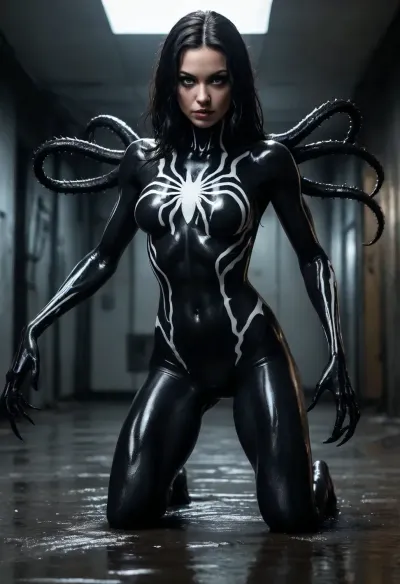 Full body shot. black wet hair woman, muscular, Her body merge with venom symbiote, (black symbiote, white spider on her chest), she is a symbiote mutant, transformed. Hands have long claws. Feets have claws. Extremely detailed photo, detailed skin, detailed face. She is in a dark room. Black Tentacles on the ground. She is standing on her toes, with many black tentacles on her, her eyes are dark