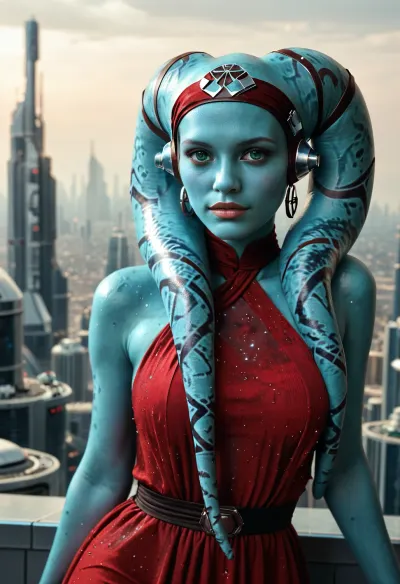 Star wars, Twi'lek, blue skin. Green eyes, bright red dress, turquoise jeweled headband. Futuristic cityscape background.