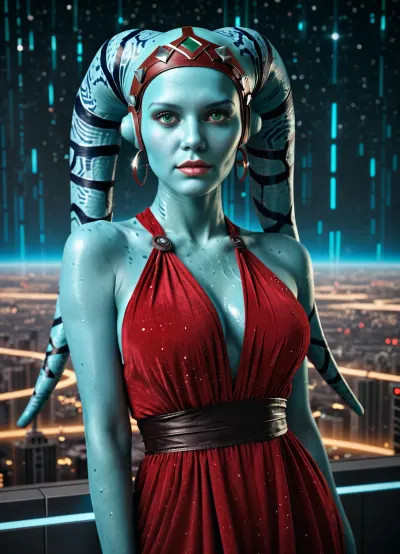 Star wars, Twi'lek, blue skin. Green eyes, bright red dress, turquoise jeweled headband. Futuristic cityscape background.
