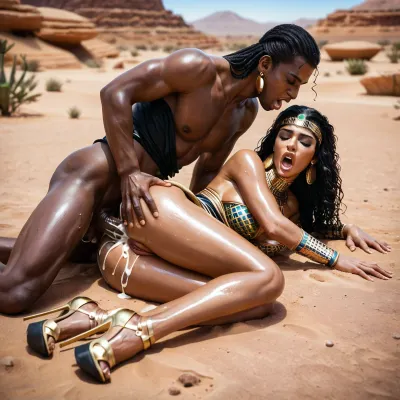 African woman, oiled up, juicy lips, supermodel figure, long legs, round breasts, black hair, tight ass, closed eyes, screaming woman, gold earrings, cleopatra outfit, elegant golden high heels, tied hand and foot, lying on her side on the floor, man with gladiator helmet fucking her, anal sex, rough sex, creampie, full body, desert, outdoors