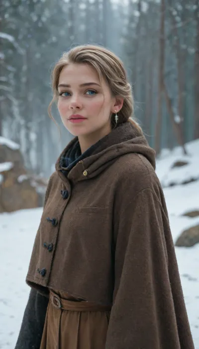 A fine art photography-style portrait of a rugged warrior woman, standing resolute in a vast, frozen tundra. Her icy blue eyes glow with an unyielding intensity, their piercing gaze cutting through the desolate, snow-covered landscape. Her face is streaked with dirt and frost, with battle-worn scars faintly visible, hinting at the countless hardships she has endured. Strands of her wild, wind-swept hair, darkened with the damp cold, cling to her skin, while a few frozen flakes catch in the strands, adding to her weathered appearance.
She is wrapped in a thick, fur-lined cloak, its dense, coarse texture heavy with the weight of accumulating snow. The cloak, dark and worn, is streaked with patches of ice and frost, the fur lining around the collar bristling against the biting wind. Beneath the cloak, a layer of tattered, dark leather and cloth wraps around her body, hinting at both functionality and resilience against the bitter cold. Snowflakes settle onto the fabric, their delicate crystalline forms a stark contrast to the harshness of her surroundings.
The environment is vast and unforgiving, an endless expanse of snow and ice stretching to the horizon. The sky above is a pale, arctic blue, blending seamlessly with the frozen wasteland below. The wind howls through the air, stirring up swirls of frost and fine powder that dance like ghosts around her. In the blurred distance, dark, shadowy structures loom, possibly the remnants of a lost civilization, their forms distorted by the icy mist that clings to the horizon.
Her posture is strong, defiantâher shoulders squared, her head held high, exuding an aura of determination and quiet strength. The weight of the world rests upon her, but she carries it with unwavering resolve. The lighting in the scene is stark yet beautiful, with the soft glow of diffused, pale sunlight casting sharp contrasts between the icy whites and deep shadows, enhancing the cinematic drama of the composition.
Shot with a 35mm Panavision lens, the image captures every intricate detail, from the individual strands of fur lining her cloak to the fine cracks in her frostbitten lips. The subtle grain of the film aesthetic adds a raw, organic texture, emphasizing the realism and tactile nature of the environment. The interplay of light and shadow, ice and fire, softness and severity creates a masterfully composed, emotionally gripping portrait, a testament to the resilience of a warrior in the heart of an endless winter.