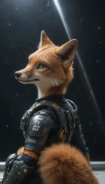 (on spaceship), ((black space and bright stars outside)), ((large sharping stars on outside)), (Knee-deep in the frame:1.5), (perfect body), (Focus on the big porthole:1.2), ((a glance out the porthole)), (narrow long nose like a fox's:1.3), ((very short hair on head)), Elegant body, (anthro fox-furry:1), (Large yellow eyes with narrow pupils), (red fur), (in a Futuristic tight black armored rubber suit with yellow inserts:1.2), (exoskeleton:1.2), (Black circle with a wide, (green), , , ring, 8 small white stars on the ring, one large white star in the center of the black circle, emblem located on the shoulder:1), leaning casually against the spaceship bulkhead near a large spaceship window. Half-body shot focused on her detailed fox face and the bright, ((Milky Way visible through the glass)), Side profile view, head turned thoughtfully towards the vastness of space. Orange fur is ultra-detailed and contrasts beautifully with the monochrome suit. Fluffy fox tail rests gently by her side. Graceful yet relaxed posture, no distortion of figure. Extremely soft dim lighting with no glares or reflections, emphasizing the ancient beauty of the stars. Focus on emotional depth and cinematic composition