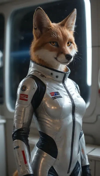 Elegant and slender fox-furry in a black-and-white spacesuit with armor plating, standing near a large spaceship window. She gazes thoughtfully into the vastness of space, where a distant space station drifts among stars and nebulae. Her orange-and-white fox fur is ultra-detailed and sleek, contrasting beautifully with the monochrome suit. Fox ears stand prominently on her head, adding to her feral charm. Soft yet dim interior lighting creates a mysterious atmosphere. Detailed textures, cinematic composition, emotional atmosphere