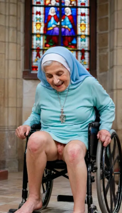 old granny mature, sexy 95 years old Muslim Arab woman, hijab, pissing on an elderly old granny nun sitting in wheelchair, spreading legs hairy pussy, church cathedral stained glass windows, smiling, aroused, horny, saggy tits, empty hanging breasts, (peeing:1.5), wheelchair, cunnilingus, 2girls, girl, licking, pussy, <lora:wheelchair_v01:.6>, <lora:Cunnilingus XL:1.3>