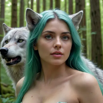 <lora:Pussy_Lotte_v5n:.5>, femme loup, yeux vert brillants, dans la foret enchantée, des esprit hologramme tour autour de la femme, corps entier, godpussy, <lora:SDXL_GodPussy_v1:.5>