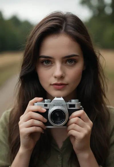 The image portrays a young woman with long, dark hair holding a vintage camera close to her face, partially obscuring one of her eyes. She gazes directly into the lens with an intense, thoughtful expression. The photograph has a distinct cinematic and nostalgic aesthetic, with soft lighting, a grainy texture, and subtle color grading that gives it a vintage, film-like quality.

The subject's face is positioned slightly off-center, drawing immediate attention to her sharp and expressive features. Her dark, well-defined eyebrows frame her deep-set eyes, which are slightly shadowed, adding to the introspective mood of the image. Her lips, which are slightly parted and tinted a natural red, contrast subtly with her smooth, pale skin. Strands of hair fall loosely across her face, reinforcing the unposed, organic nature of the portrait.

The camera she holds is an older model, silver and black with a rounded lens, possibly a vintage point-and-shoot film camera. Its reflective surface catches some light, making it a noticeable focal point. Her fingers gently rest on the camera's body, showcasing her relaxed grip, suggesting familiarity and comfort with the device. The camera partially obscures her left eye, creating an artistic and symbolic interplay between the act of capturing an image and being observed.

The lighting in the image is soft and diffused, casting a gentle glow on the subject’s skin. There are no harsh shadows, which enhances the ethereal quality of the portrait. The overall color palette consists of muted greens, blues, and sepia tones, adding to the vintage ambiance. A slight light leak effect, visible on the left edge, introduces warm, reddish-orange hues, reinforcing the analog film aesthetic.

The background is blurred, placing the emphasis entirely on the woman and her camera. This shallow depth of field isolates the subject, directing attention to the details of her face and the textures of the camera. The soft blur of the background suggests an indoor or dimly lit setting, though specific environmental details are indistinct.

The image exudes a sense of quiet introspection and nostalgia. The subject’s expression is serious yet calm, with an enigmatic quality that invites viewers to interpret her emotions. The presence of the vintage camera further reinforces themes of memory, storytelling, and the passage of time. It suggests a personal connection to photography, hinting at themes of capturing fleeting moments or looking at the world through a different lens.

The film-like grain and light leaks contribute to the dreamlike atmosphere, making the image feel like a memory frozen in time. The muted tones evoke a feeling of solitude, while the subject’s direct gaze creates an intimate connection with the viewer.