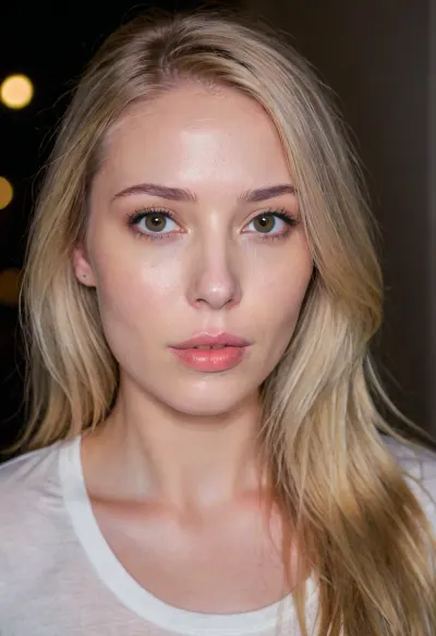 A young woman with long, straight blonde hair and fair skin, with high cheekbones and a delicate, elegant facial structure. She has a confident, slightly seductive expression with half-open lips and relaxed eyes. The atmosphere is intimate and minimalistic. Night amateur candid flash photo.
Modest T-shirt, modest jeans. Cum on the clothes., <lora:Rawfully Stylish v0.2_epoch_20:.4>, <lora:PerfectEyesXL:.5>