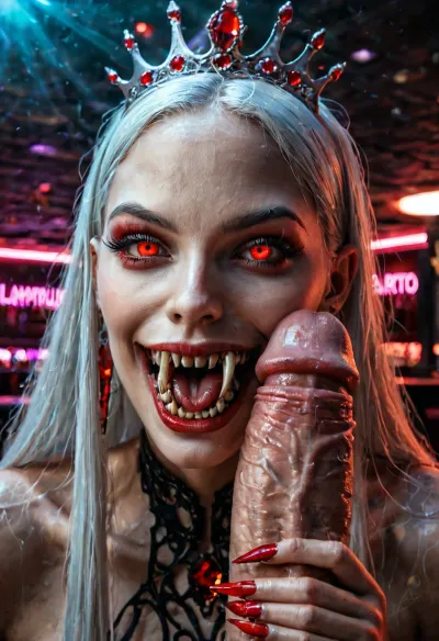 hyper detailed hyper realistic natural petite cutie, 18 years old beautiful vampire queen, (very slim), nightclub, very detailed face, pale woman with white hair, Vampire Queen sucks penis, close up, red eyes, (((very long vampiric fangs))), luxurious tiara in the style of dark fantasy, symmetrical epic fantasy art, dark fantasy, purple lights, neon, colorful, high detail, impeccable image quality, ultrarealism
