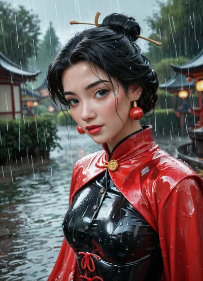 Mulan, Disney, Disney Princess, classic costume, latex clothing, wet body, rainy day, in the Chinese steppe, 3/4 body view, detailed background
