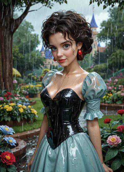 Wendy, Disney, Disney Princess, classic outfit, latex clothing, wet body, rainy day, in a Neverland garden, 3/4 body view, detailed background