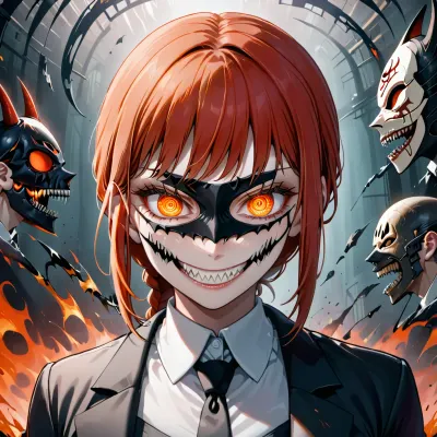 Makima from chainsaw man, best quality, 1girl, (+_+), orange eyes, (evil grin:.8), (sharp teeth:.9), (Hollow mask), <lora:玛奇玛:.5>, <lora:checkpoint-e72_s1152:.5>