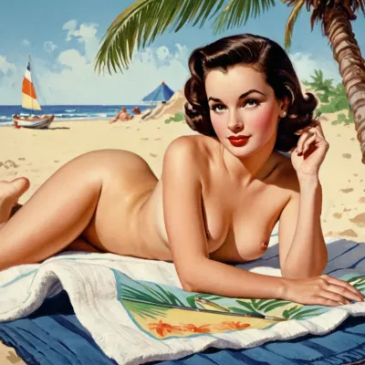 1950s, americana, ((art)), poster advertisement, print art, colorful, beautiful brunette, small waist, big hips, seductive face, laying nude on towel at beach, palm tree in background, (((painting))), simple color palette, [photograph], stylistic, simple brush strokes, lineart, caricature, <lora:pen-art:.8>