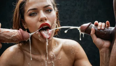 (Macro photo), (extreme close up:1.2), front view, Photorealistic, high resolution, professional photography, (open mouth), (extended tongue), (detailed tongue), red lipstick, excessive cum on tongue, short smooth ginger bobcut hair, 3 african black men, handjob, masturbating, ejaculation, projectile cum, topless, cum dripping from chin, tongue sticking out, black background.