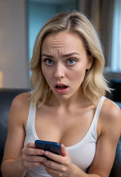 UHD 8K, (25 year old), (shy Christian girl sitting in an armchair and staring at her phone), (it is dark and her face is illuminated by the blue light her smartphone), (she is shocked and disgusted as she discovers that someone posted deepfakes of her on the Internet), (horror-struck), (night time), (her mouth is wide open in shock), (she is frowning), (she is extremely taken aback), (her gaze is locked her phone's screen), (realistic proportions), (perfect hands), surprised, look, girl, (girl frowning in disgust:1.5), (shocked:1.2), (hot chick:1.2), (northern European:1.2), (dirty blonde:1.2), (tanned), (freckles:1.1), (Swedish fitness girl:1.2), (disappointed expression:1.5), (big tits), (detailed eyes:1.3), (reflection on iris:1.2), (she says "Are you serious?"), (she says "You are sick!"), (revealing cleavage), (professional photo), (skin pores), (oily skin), (skin blemishes), (pursed lips)