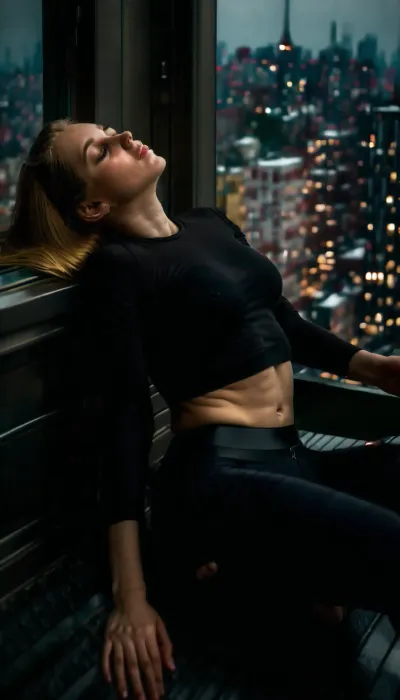 25yo gorgeous tall athletic thin white girl laying on the window sill of a high rise condo in New York, wearing skin-tight black shirt with exposed midriff and shoulderless sleeves, naked waist and legs, fingering herself, sensually touching her body, orgasm, (view from the ceiling), city streets visible far below window, (moody photography:1.8), very high quality, photo realistic, Canon photo, very detailed, very natural, masterpiece, perfect, eyes, skin, blemish, detailed, <lora:polyhedron_all_sdxl-000004:.5>