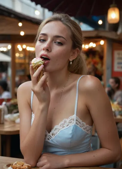 Masterpiece, best quality, hyperrealistic, extremely detailed, Create a photo of a beautiful young Swiss woman with beautiful face with freckles enjoying a street food market. She is standing near a wooden food stall, (licking seductive), an ice cream cone with her eyes closed, conveying a sense of delight. She has her blonde hair tied back and is wearing a white lace top with thin straps, paired with high-waisted blue jeans. Her top is semi-transparent and reveals a white bra underneath. She is accessorized with long, dangling pearl earrings. The background includes colorful food displays and signage in Thai, giving a vibrant, bustling atmosphere typical of a Thai street food market. The scene is vibrant and elegant, focusing on women's features, and clothing. Perfect face, simetrical face, simetrical eyes, perfect hands.
award winning photo, art photography.