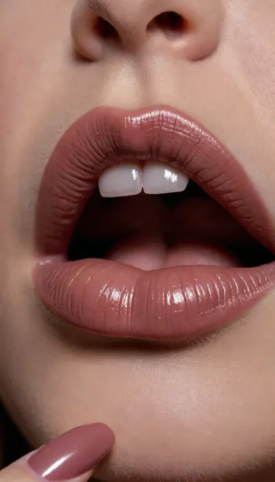 Huge juicy silicone female bimbo lips hot kissing fingers, matte brown lipstick, extremely closeup, Extremely detailed