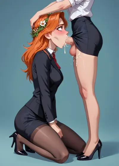 Sexy ginger 20 years old girl staying on her knees in front of herr futanari boss, office outfit, black skirt, pantyhose, high heels, futanari boos put dick in her mouth and cum in her mouth deep throat, boss futanari holding her head, forced her head on his dick, oral sex, excessive, cum, vomcum, <lora:209970_training_data:.5>, <lora:Animated_Concept:.9>, <lora:NEOTOKIOXL_0.2_RC:.8>